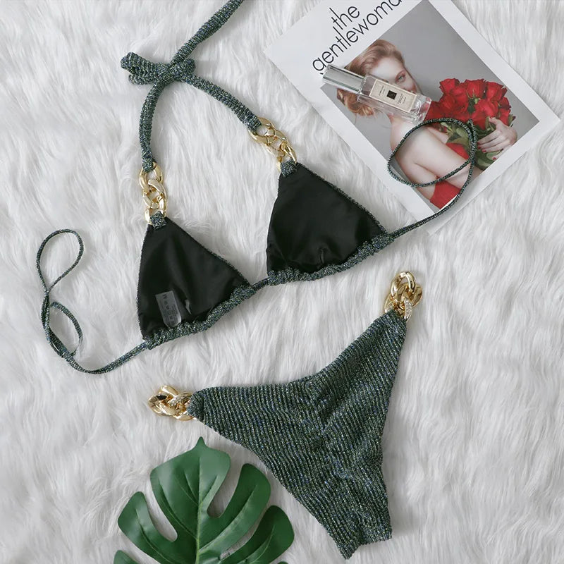 Biquíni de Cadeia de Halter com Diamante de Strass para Mulheres, Roupa de Banho Feminina, Conjunto de Biquíni com Duas Peças, Roupa de Banho Brasileira