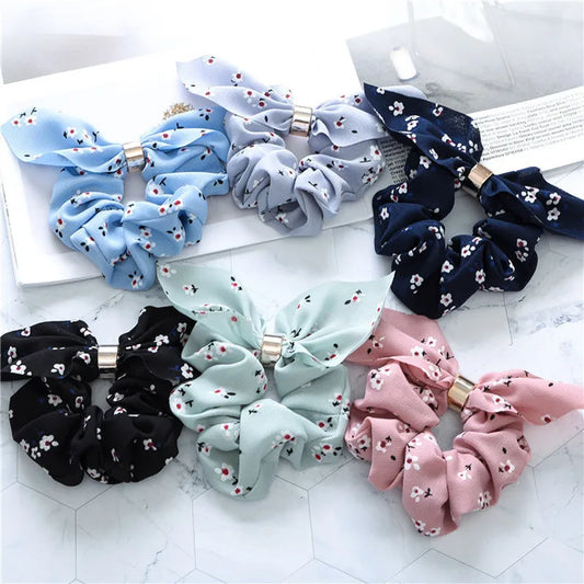Ruoshui Coelhinhos Lindos Scrunchies Mulher Laços de Cabelo Impressos com Flores, Elásticos para Cabelo, Bandas de Borracha para Cabelo, Acessórios para Coque