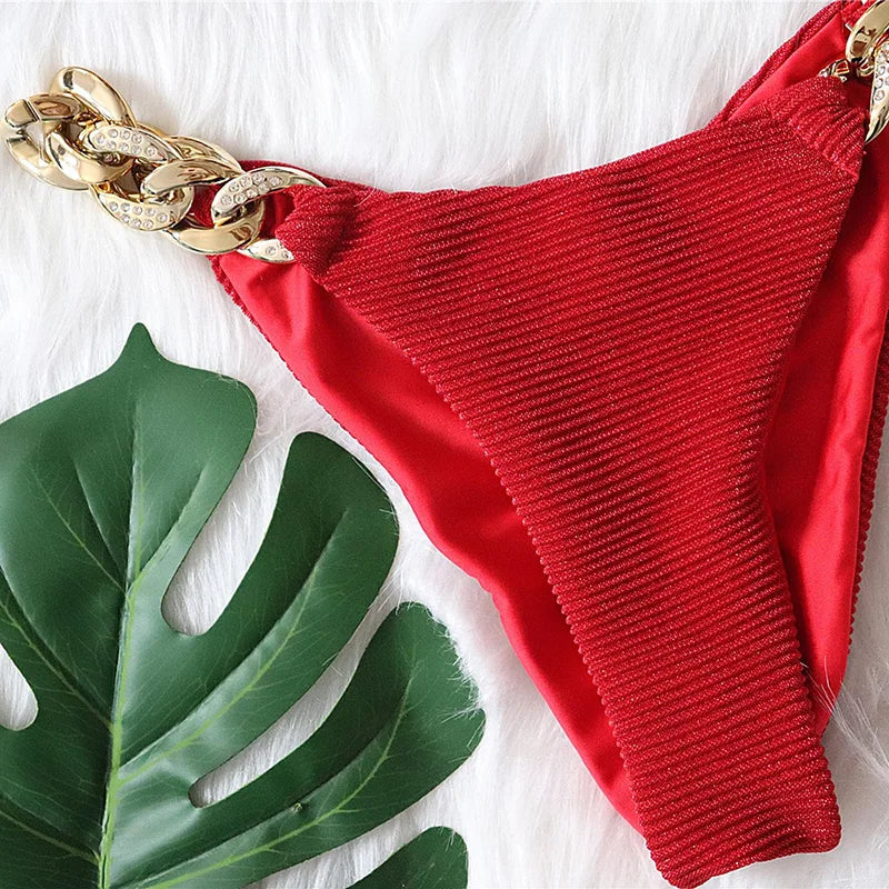 Biquíni de Cadeia de Halter com Diamante de Strass para Mulheres, Roupa de Banho Feminina, Conjunto de Biquíni com Duas Peças, Roupa de Banho Brasileira