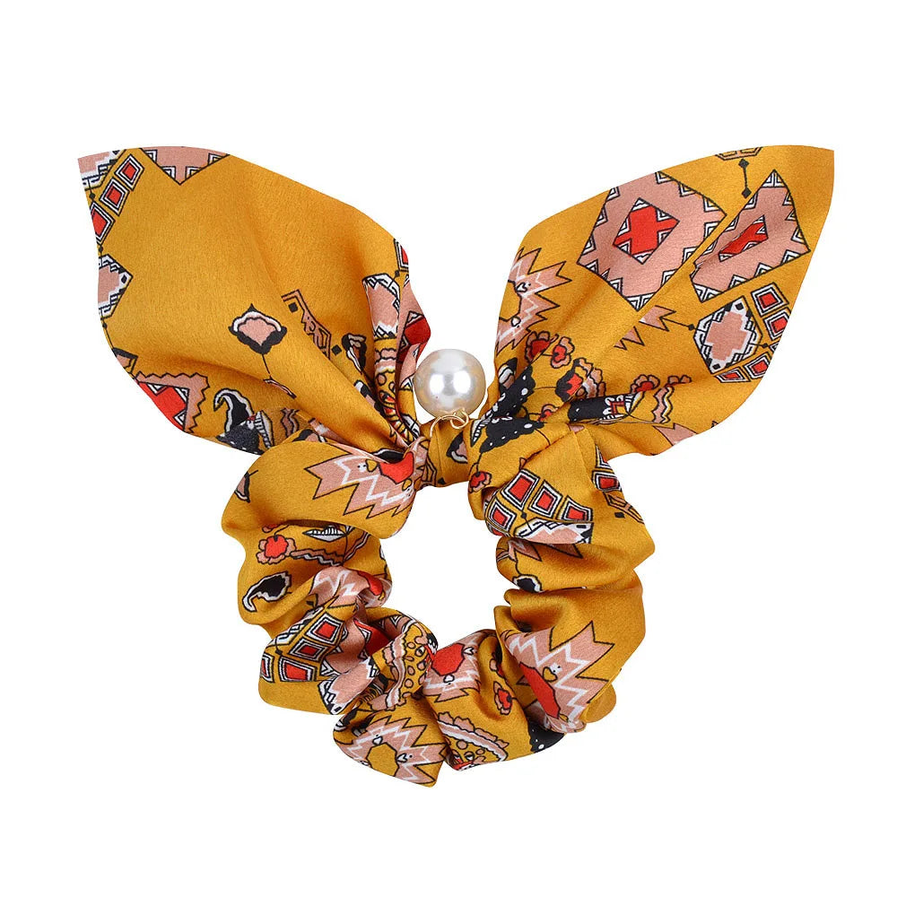 Ruoshui Coelhinhos Lindos Scrunchies Mulher Laços de Cabelo Impressos com Flores, Elásticos para Cabelo, Bandas de Borracha para Cabelo, Acessórios para Coque