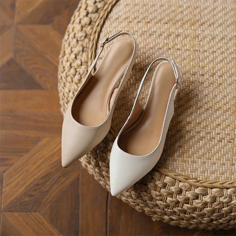 Meotina Sapatos Slingback Femininos em Couro Genuine com Fivela, Salto Fino, Bico Fino, Salto Médio para Mulheres, Calçados de Primavera