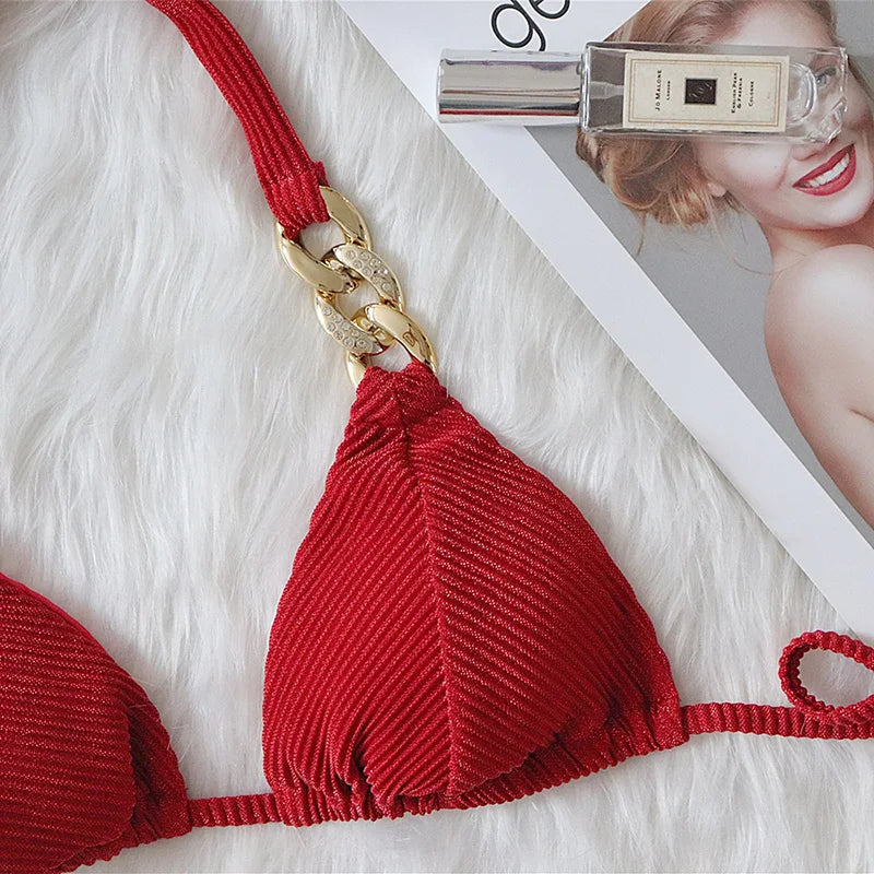 Biquíni de Cadeia de Halter com Diamante de Strass para Mulheres, Roupa de Banho Feminina, Conjunto de Biquíni com Duas Peças, Roupa de Banho Brasileira