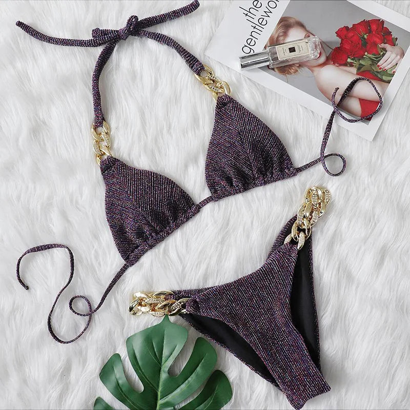 Biquíni de Cadeia de Halter com Diamante de Strass para Mulheres, Roupa de Banho Feminina, Conjunto de Biquíni com Duas Peças, Roupa de Banho Brasileira