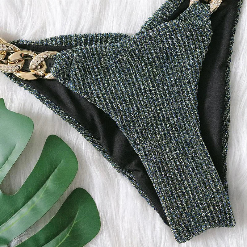 Biquíni de Cadeia de Halter com Diamante de Strass para Mulheres, Roupa de Banho Feminina, Conjunto de Biquíni com Duas Peças, Roupa de Banho Brasileira