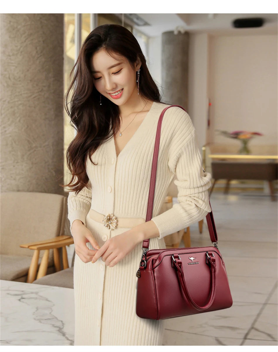 Multi-pocket Handbag Purses Genuine Cowhide Leather Shoulder Bag Luxury Designer Crossbody Messenger Sac Elegant Tote for Women