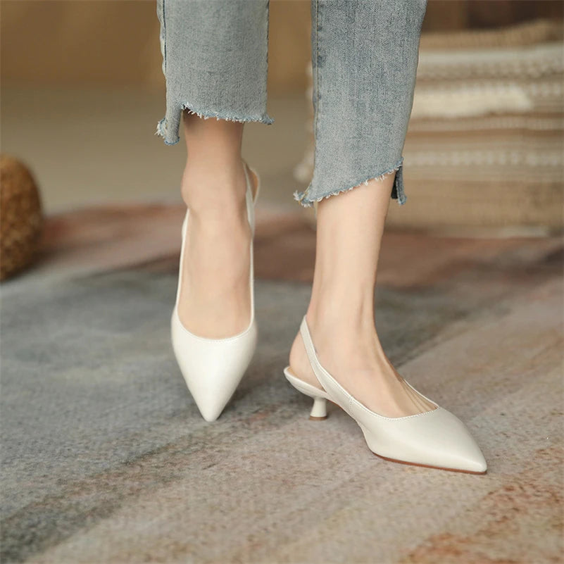 Meotina Sapatos Slingback Femininos em Couro Genuine com Fivela, Salto Fino, Bico Fino, Salto Médio para Mulheres, Calçados de Primavera