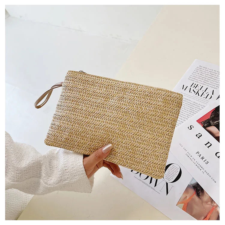 Weaving Bag Fashion Ladies Wristlet Clutch Women Daily Money Phone Clutch Solid Straw Woven Coin Purse Beach Wallet Card Holder