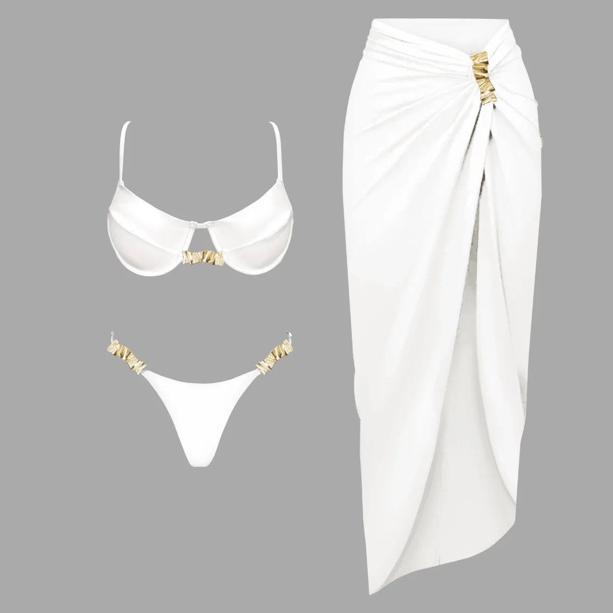 Biquíni Push Up 3 peças com Cobertura - Moda Praia Feminina, Roupa de Banho Sexy com Botão Brilhante, Maiô Biquíni