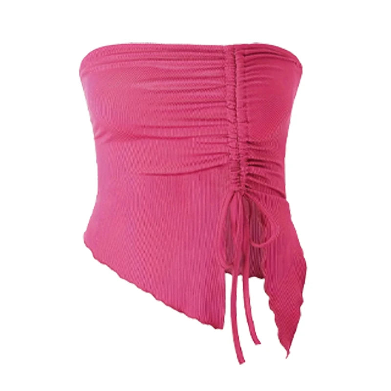 Top feminino sexy vermelho de Dia dos Namorados com decote assimétrico, manga única, fenda jovem e estilo ins, ajustável na cintura.