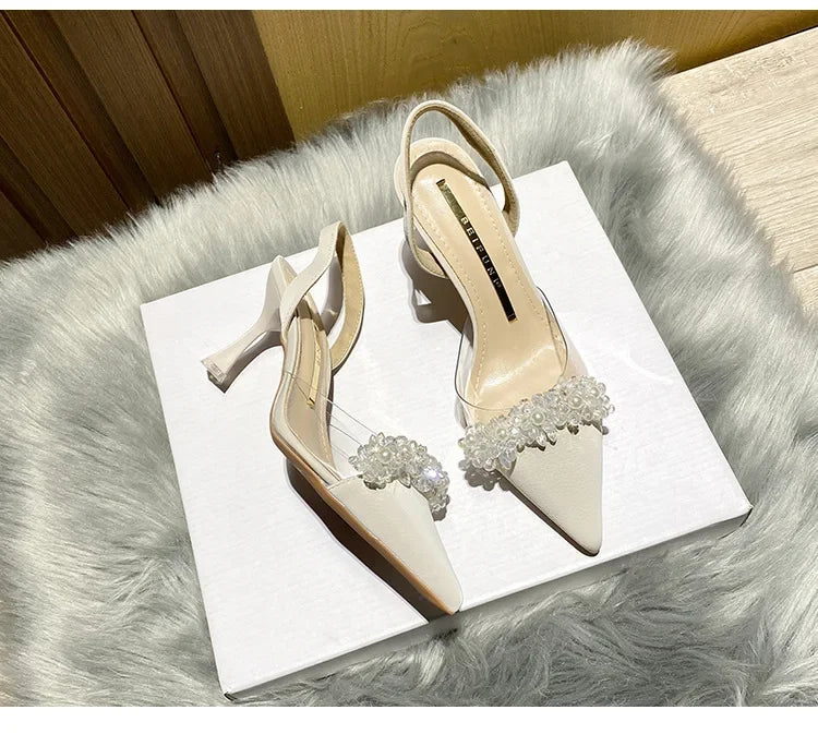 Sandálias de Verão para Mulheres Baotou 2024 Novas Sandálias de Salto Alto Fino Transparente de Bico Fino com Cristais Zapatillas Mujer
