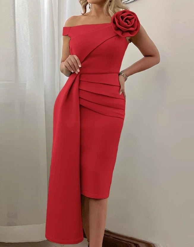 Vestido Feminino Moda 2025 Primavera Verão Detalhe em Rosa Barra Assimétrica Vestido de Festa Simples Casual Retrô Elegante