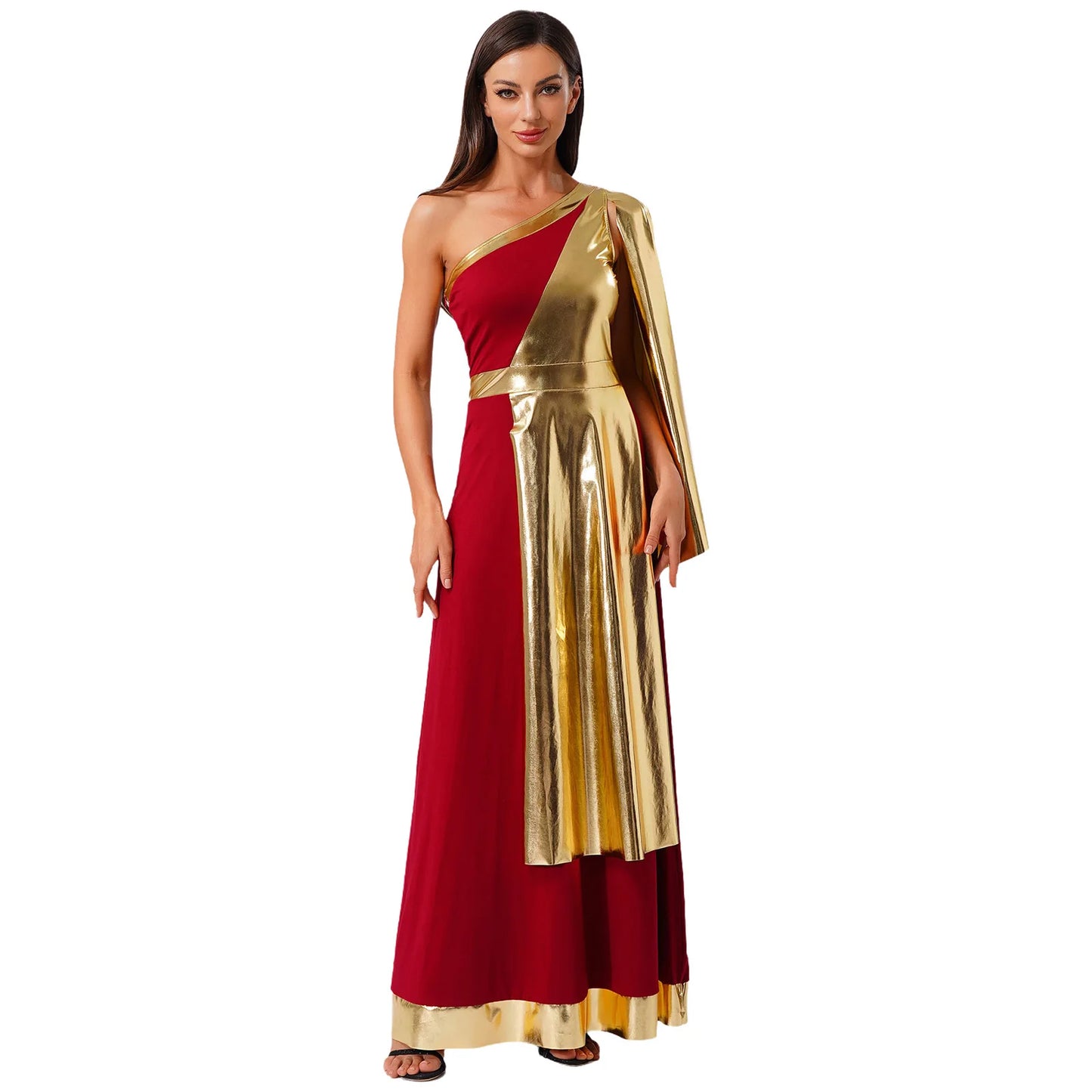 Vestido de Dança Lirica Cristã Feminina Fantasia de Halloween Vestido de Beleza Antiga Grega Romana Cosplay Túnica Tecido Metálico Brilhante Camada Toga