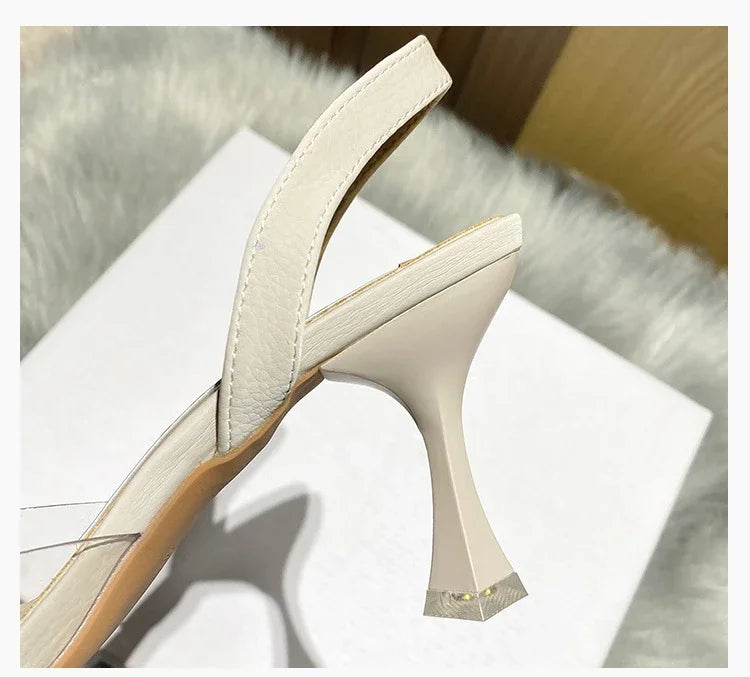 Sandálias de Verão para Mulheres Baotou 2024 Novas Sandálias de Salto Alto Fino Transparente de Bico Fino com Cristais Zapatillas Mujer