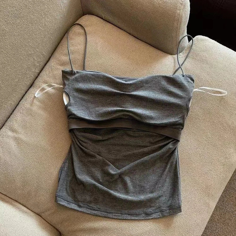 Camisetas Regatas de Verão para Mulheres com Sutiã Embutido, Regatas de Alça Fina, Top Cropped, Tecido Casual de Cor Sólida