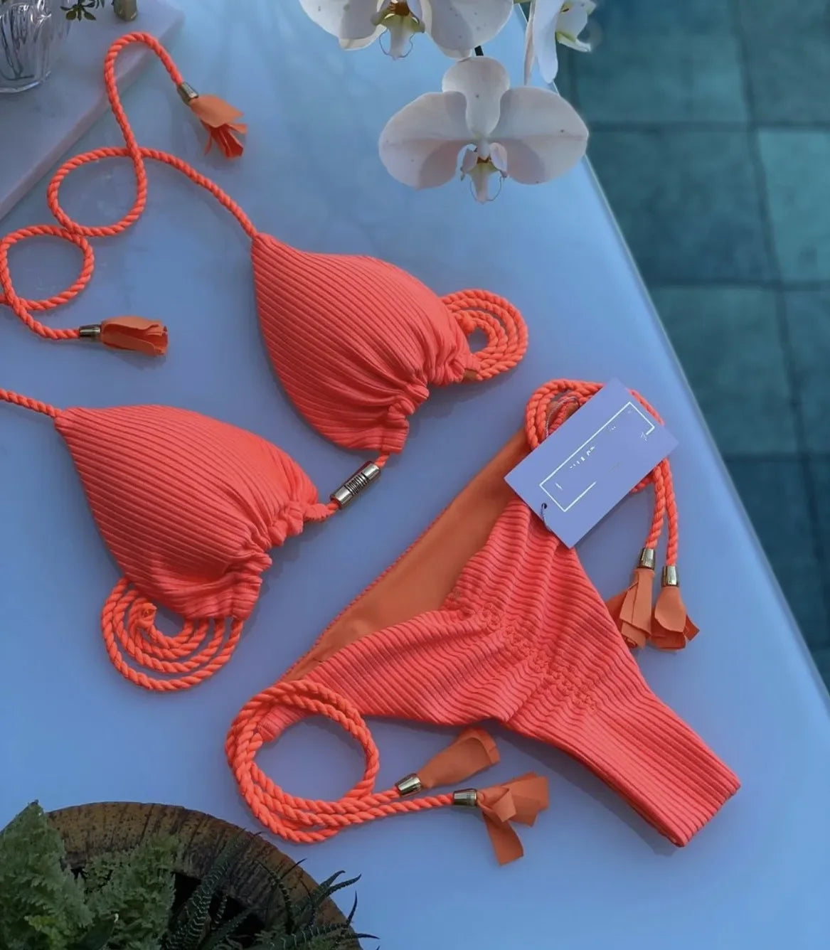 Biquíni Feminino Novo em Tecido Especial de Cor Sólida com Corda Multicolorido