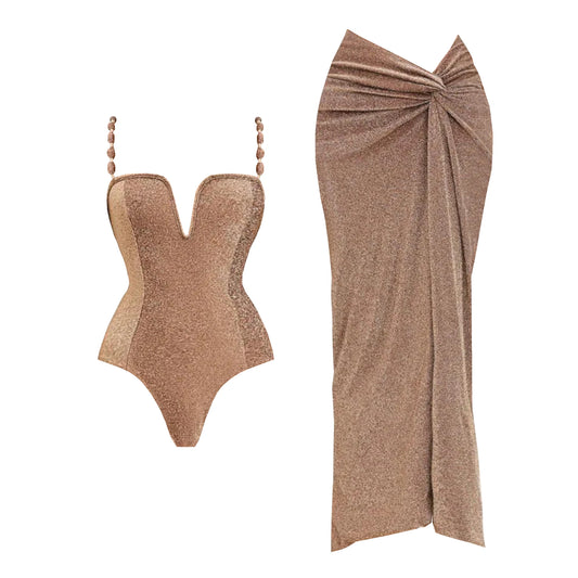 Conjunto de 3 peças de maiô push up com saia longa, sexy, moda feminina, biquíni com decote em V, macacão brilhante, roupa de banho e cobertor de praia.