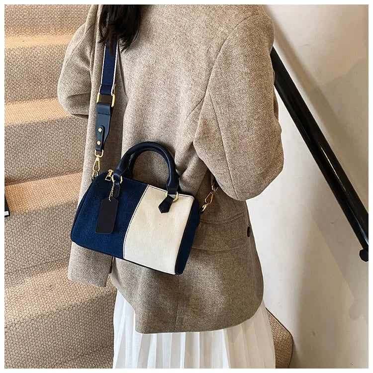 Cross Body Bags Casual Street Small Boston Bag 2025 Designer Purses Patchwork Colorblock Mini Handbags For Women Denim Shoulder