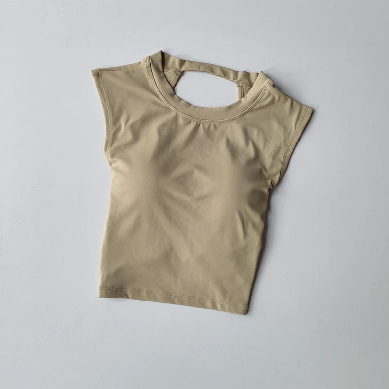 Camiseta esportiva sem costas, com almofada fixa no peito, justa, de secagem rápida, suit de yoga afinado para mulheres.