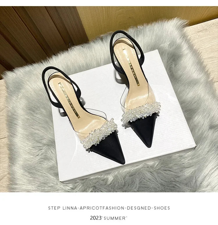 Sandálias de Verão para Mulheres Baotou 2024 Novas Sandálias de Salto Alto Fino Transparente de Bico Fino com Cristais Zapatillas Mujer