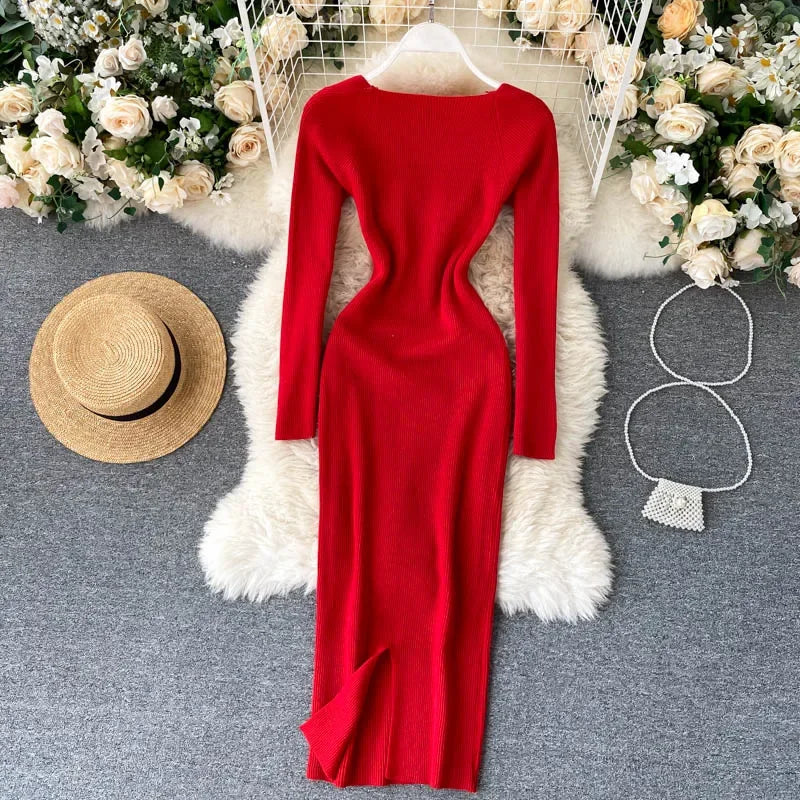 Vestidos para mulheres 2026 vestido justo sem alças em tricô canelado sexy, vestido de suéter midi de manga longa para o inverno