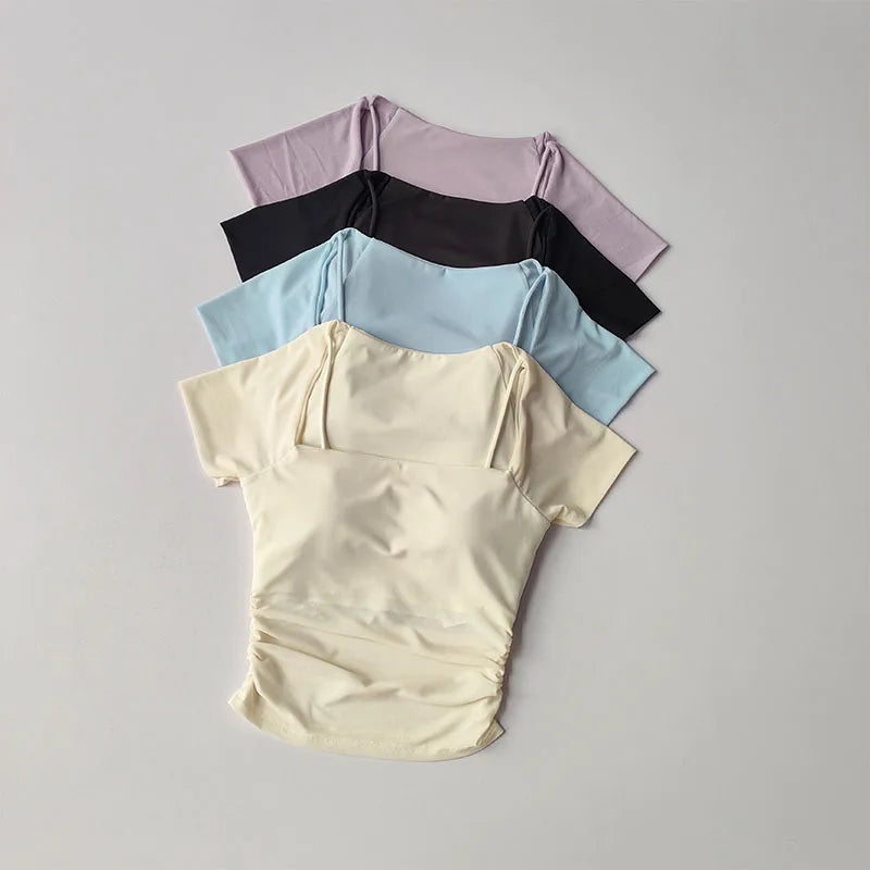 Vestido de Yoga Fake de Duas Peças de Verão com Almofada de Peito Fixa para Esportes, Manga Curta, Usando Top de Corrida e Fitness