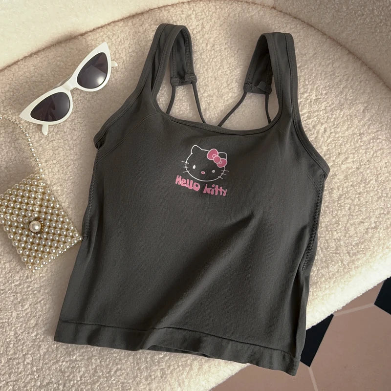 Sanrio HelloKitty Roupas de Moda Y2K Top com Almofada de Seio Top Bonito Para Meninas Verão Top Cropped Branco Sexy Suspensório Presente Para Menina