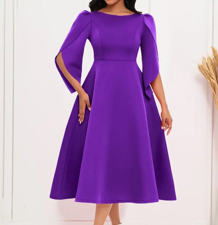 Vestido Feminino Elegante para Festa Vestidos de Verão em Cor Sólida Vestido de Noite com Decote Redondo Slim Vestido Feminino de Larga Amplitude com Comprimento Médio