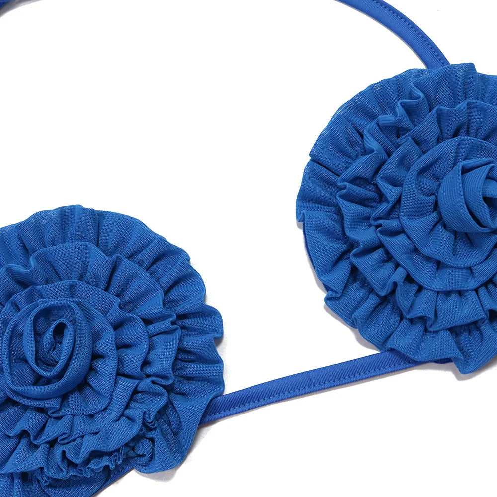 Conjunto novo de 3 peças DEAT Moda Maiô Halter Costas Descobertas Para Mulheres Praia Férias Bikini com Laço Flor 3D Feminino 33A4132