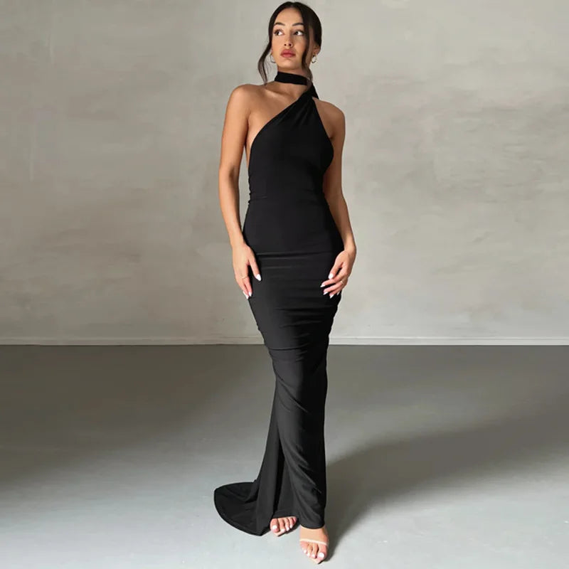 Vestido Longo de Cocktail Elegante Feminino para Festa, Costas Nuas, Abertura Costas, Com Pregas, Justo, Formal para Convidadas de Casamento
