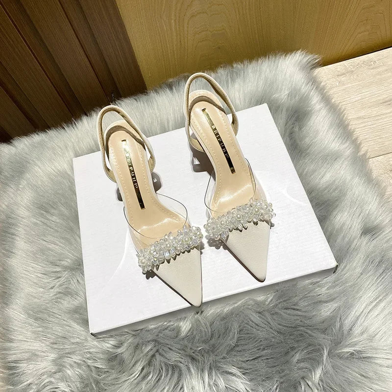 Sandálias de Verão para Mulheres Baotou 2024 Novas Sandálias de Salto Alto Fino Transparente de Bico Fino com Cristais Zapatillas Mujer