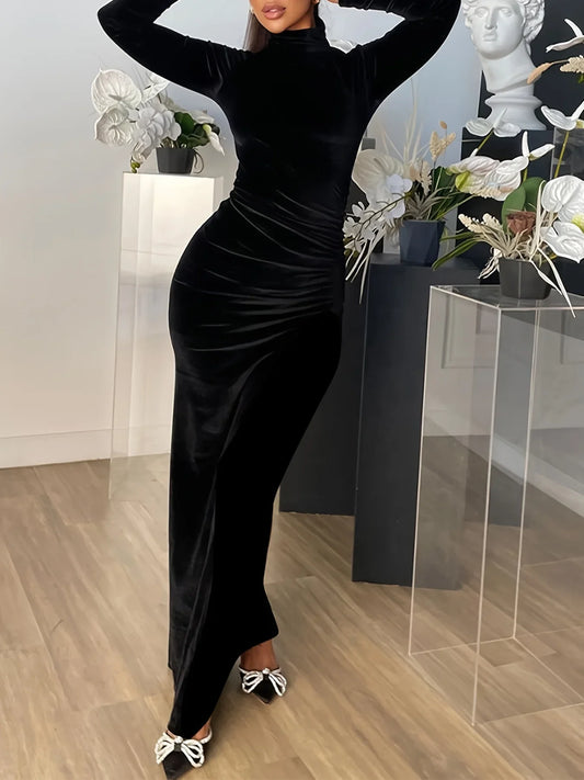 Vestido Preto Feminino de Manga Longa com Gola Alta Meia Sexy Justo de Veludo Tubinho Elegante para Festa à Noite