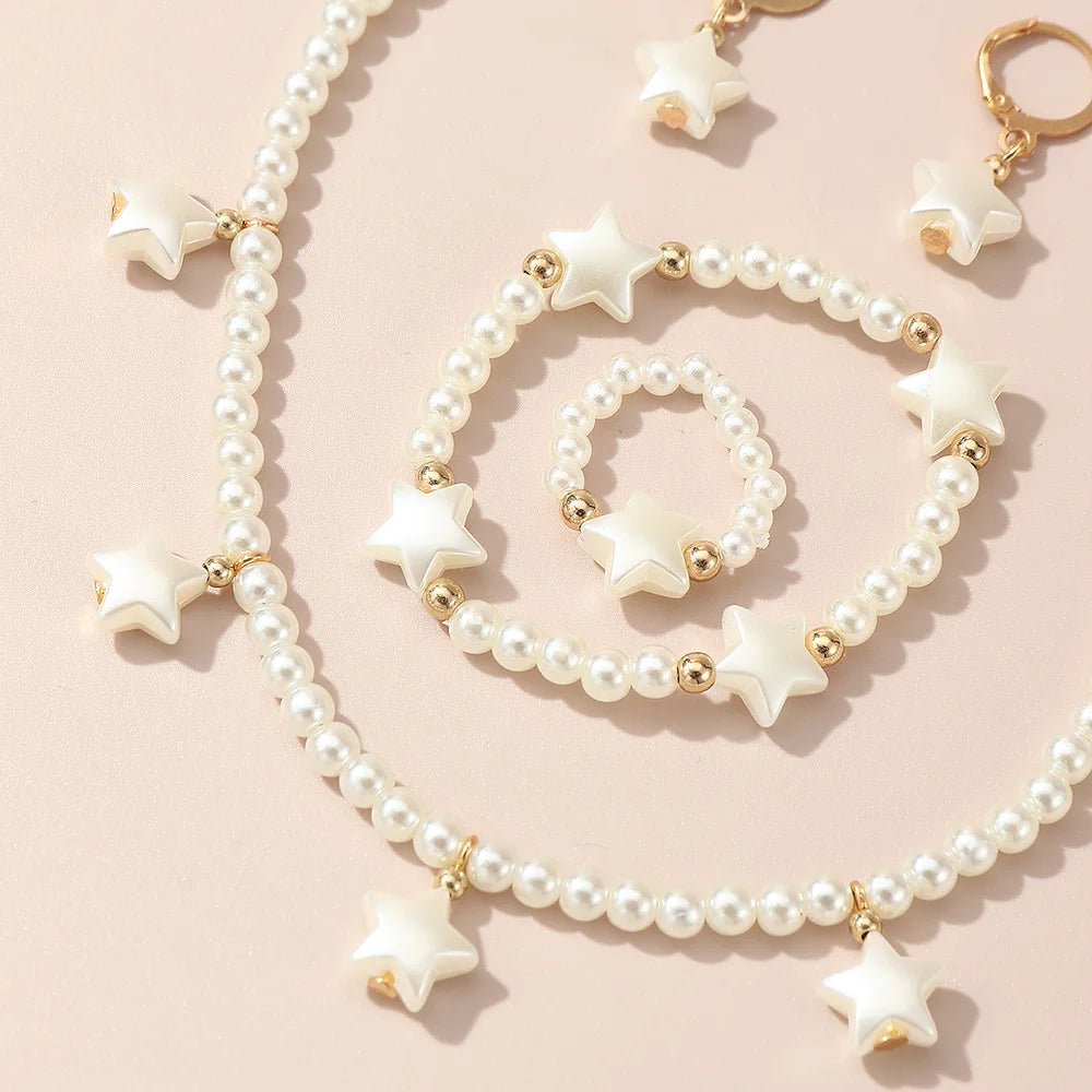 Joias de Pérolas Altas Francesas para Crianças - Conjunto Luxuoso Leve com Design de Nicho: Colar, Pulseira, Anel e Brincos