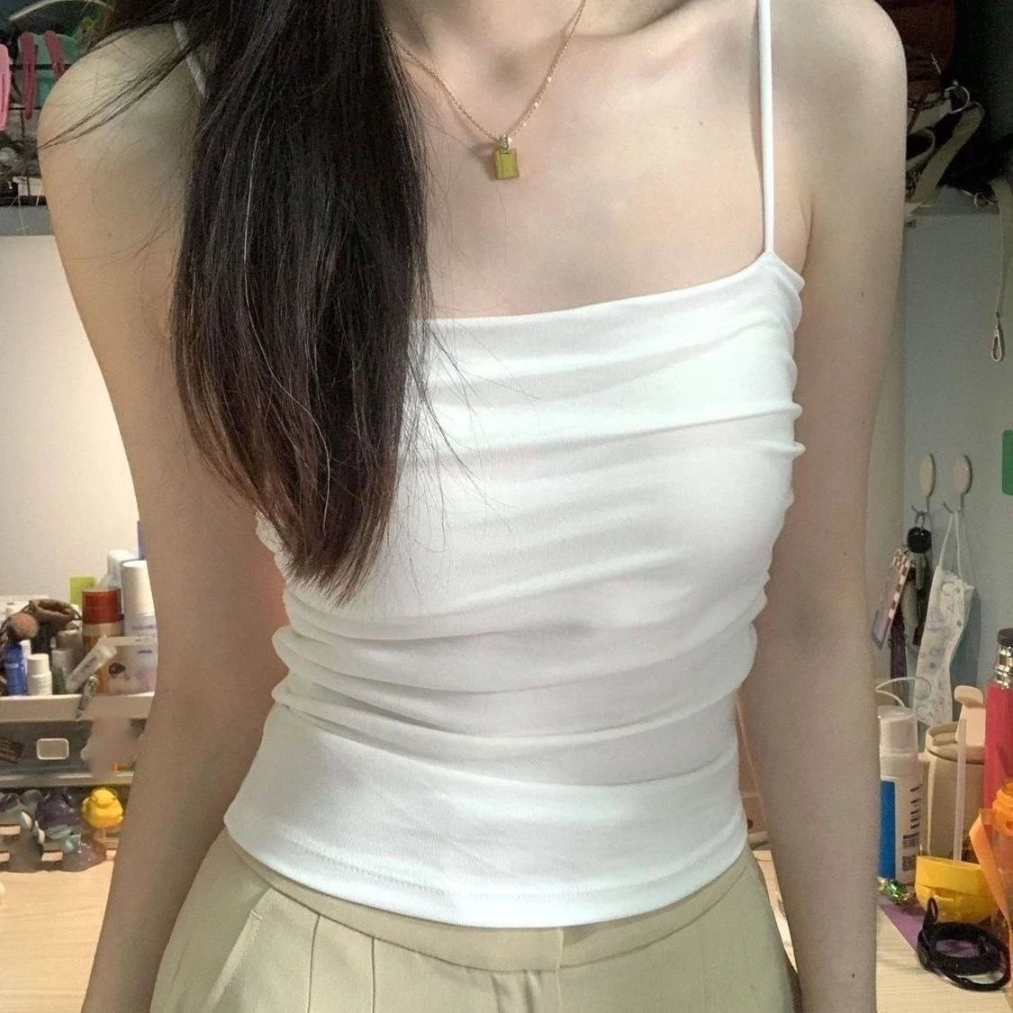 Camisetas Regatas de Verão para Mulheres com Sutiã Embutido, Regatas de Alça Fina, Top Cropped, Tecido Casual de Cor Sólida