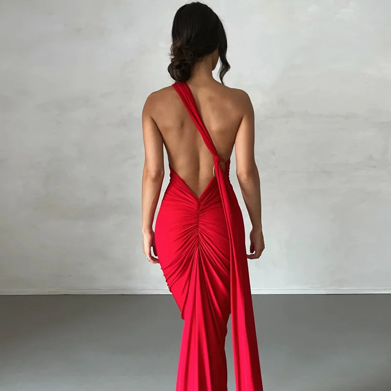 Vestido Longo de Cocktail Elegante Feminino para Festa, Costas Nuas, Abertura Costas, Com Pregas, Justo, Formal para Convidadas de Casamento