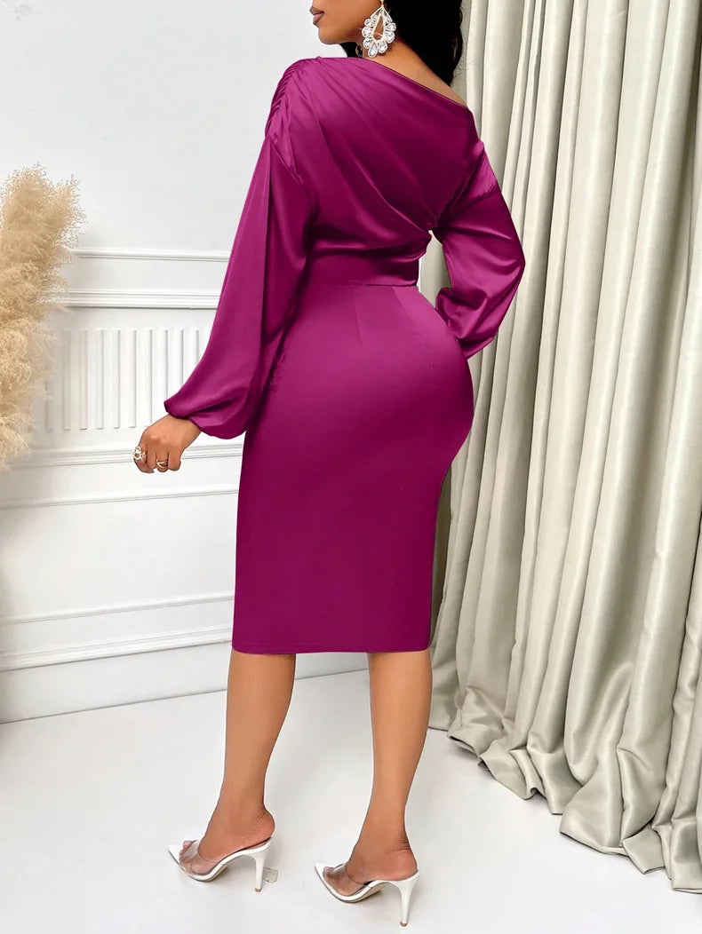 Vestido Feminino Slim Fit de Manga Longa com Decote Redondo e Manga Oca Personalizada Temperamento Novo da Europa 2025