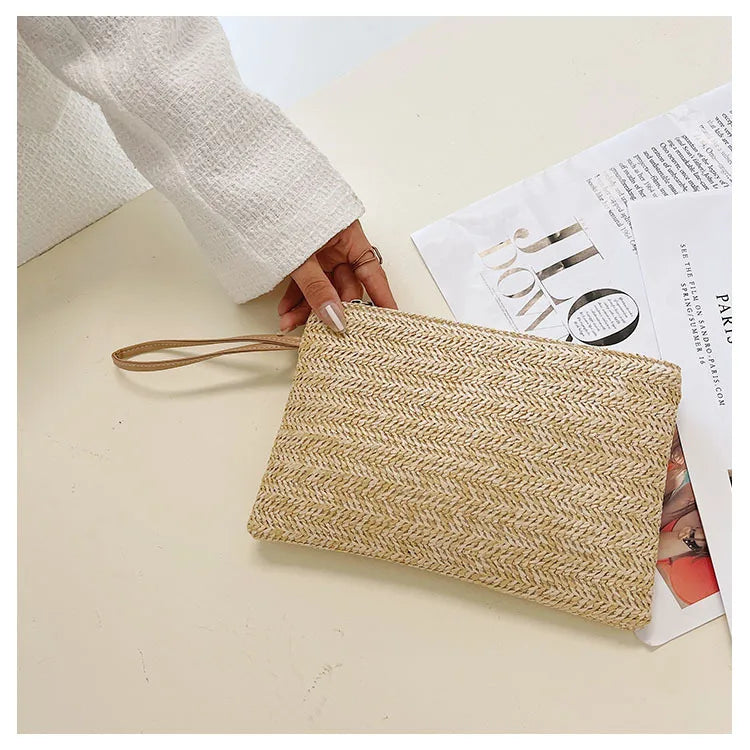 Weaving Bag Fashion Ladies Wristlet Clutch Women Daily Money Phone Clutch Solid Straw Woven Coin Purse Beach Wallet Card Holder