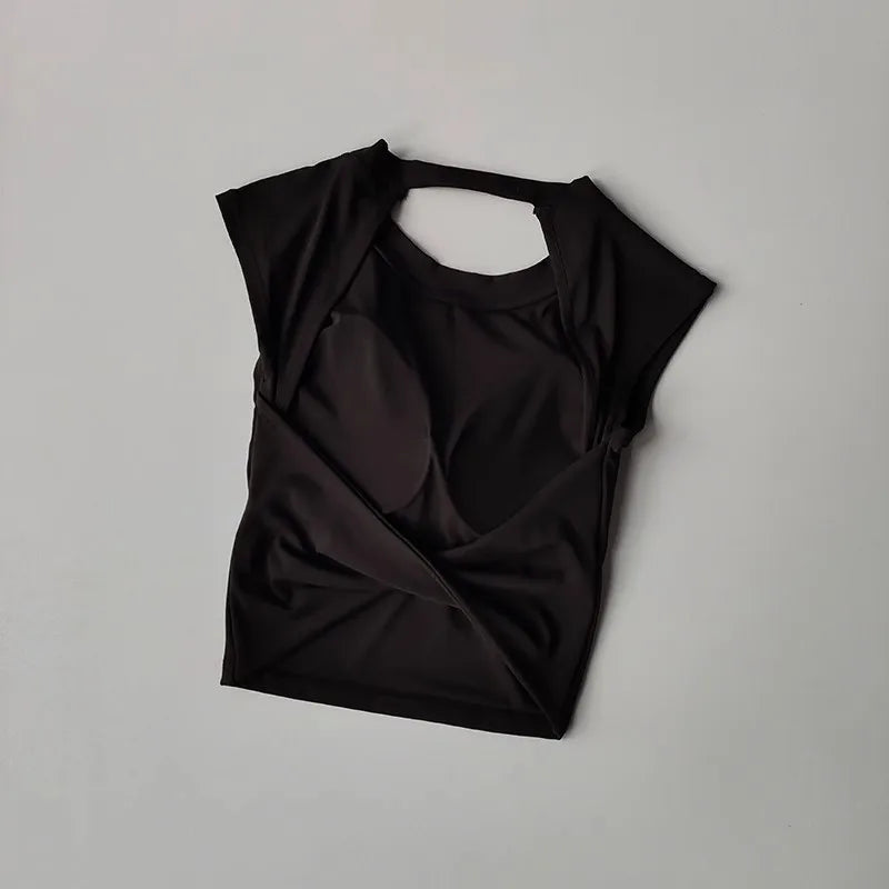 Camiseta esportiva sem costas, com almofada fixa no peito, justa, de secagem rápida, suit de yoga afinado para mulheres.