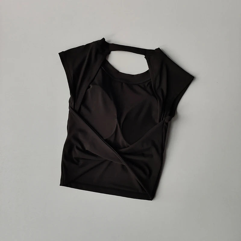 Camiseta esportiva sem costas, com almofada fixa no peito, justa, de secagem rápida, suit de yoga afinado para mulheres.