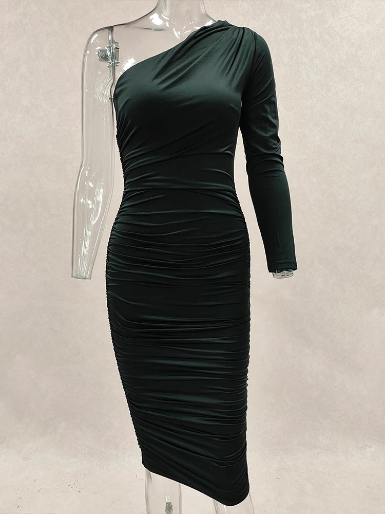 Vestido longo casual elegante de uma manga, com manga longa, sexy, em cor sólida, que envolve os quadris.