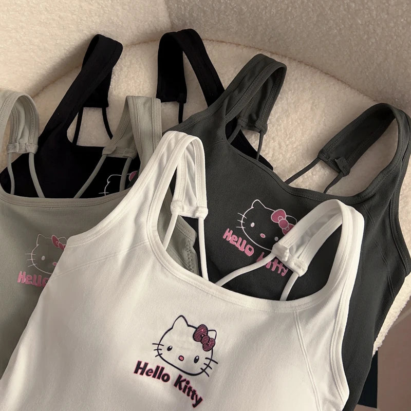 Sanrio HelloKitty Roupas de Moda Y2K Top com Almofada de Seio Top Bonito Para Meninas Verão Top Cropped Branco Sexy Suspensório Presente Para Menina