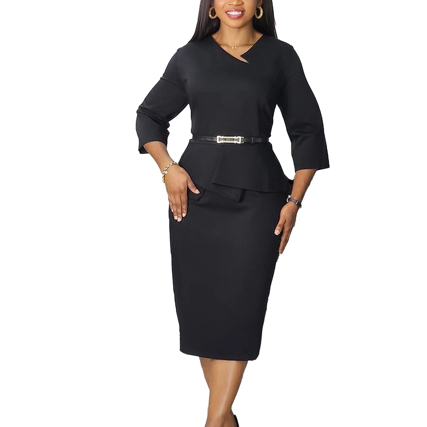 Vestido Formal para o Trabalho Feminino com Gola Assimétrica, Mangas Três Quartos, Cintura com Cinto, Silhueta Justa com Pacote de Quadris até a Panturrilha