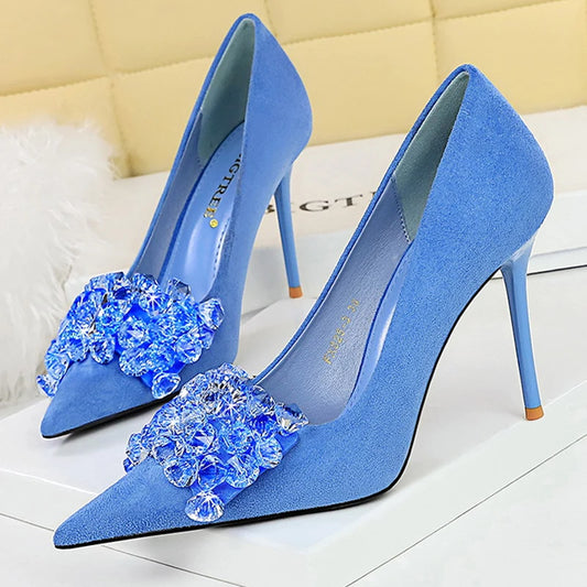 Sapatos BIGTREE 2025 Scarpin Feminino com Strass Laço Salto Alto Luxuoso Sapato de Banquete com Pedras Preciosas Salto Stiletto 9 cm Sapatos Femininos
