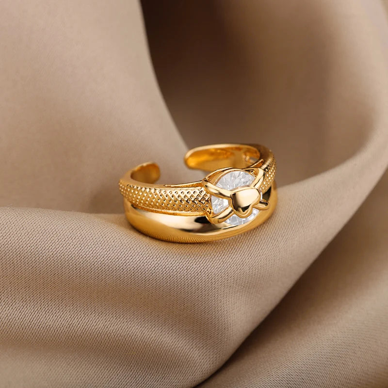 Anéis Abertos de Coração de Zircônia para Mulheres Amantes Cor Dourada em Aço Inoxidável Anel de Noivado de Casamento Joia para o Dedo Feminino Presente 2024 Novo