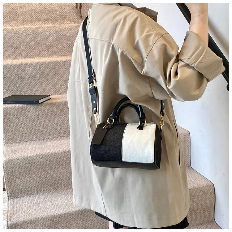 Cross Body Bags Casual Street Small Boston Bag 2025 Designer Purses Patchwork Colorblock Mini Handbags For Women Denim Shoulder