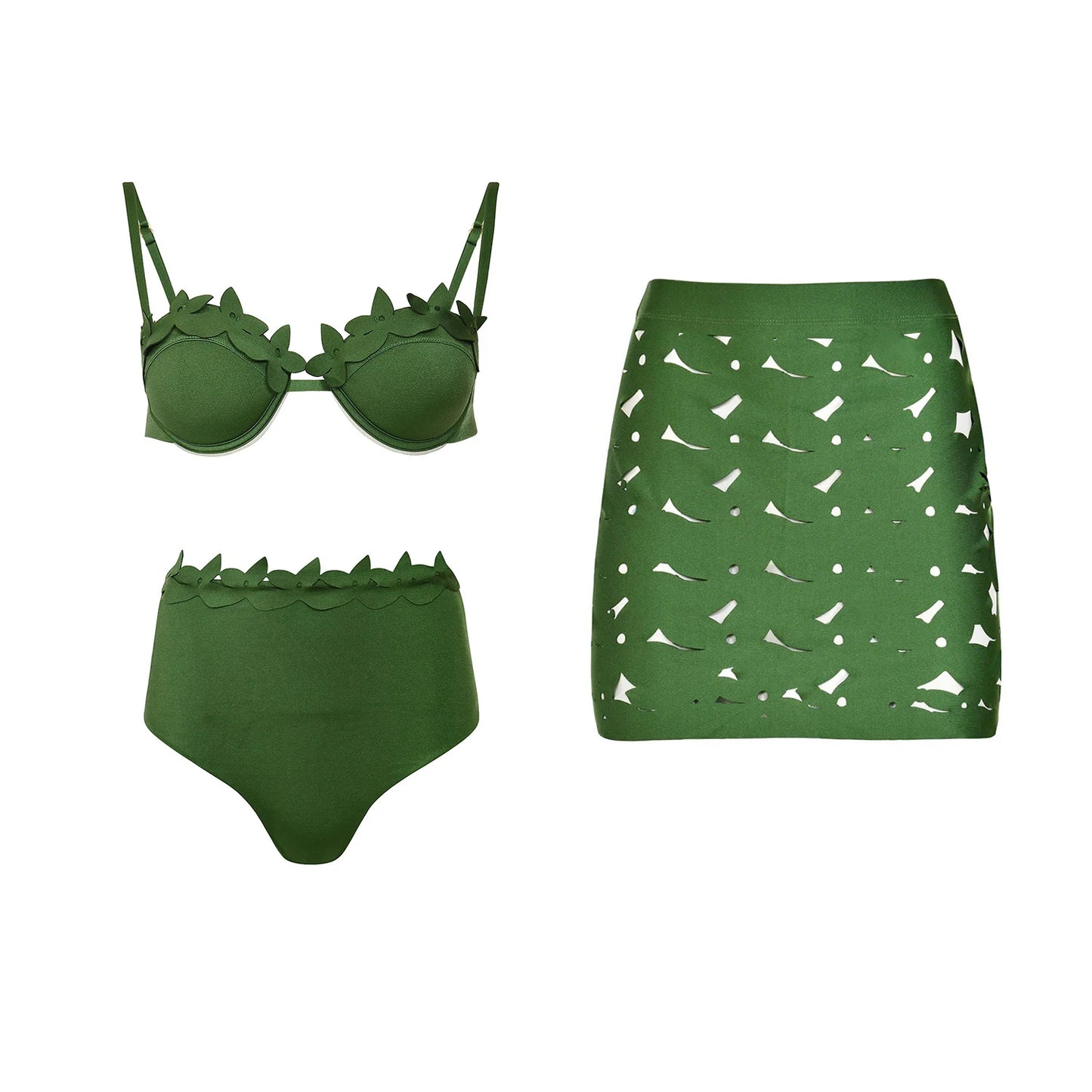 Conjunto de 3 peças de maiô laser cut para mulheres, biquíni sexy com push-up, moda de bainha alta, biquíni feminino com recortes, roupa de banho tipo bodysuit para praia.