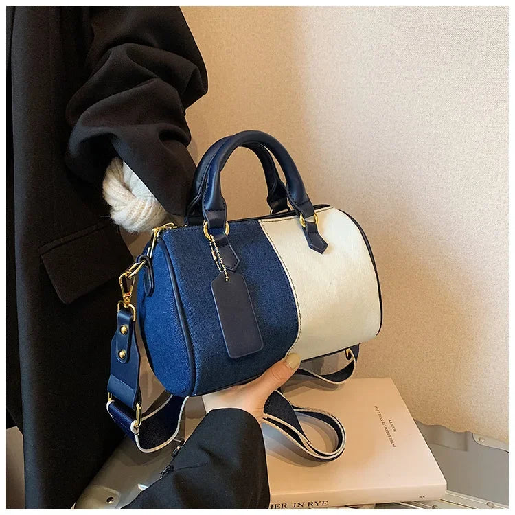 Cross Body Bags Casual Street Small Boston Bag 2025 Designer Purses Patchwork Colorblock Mini Handbags For Women Denim Shoulder