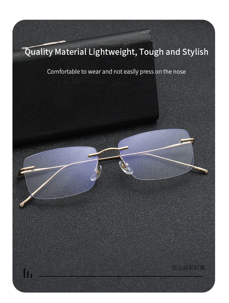 Óculos de leitura sem aro para homens, azul, com proteção contra luz azul, armação de metal, óculos de computador, lentes ópticas CR39 com receita.