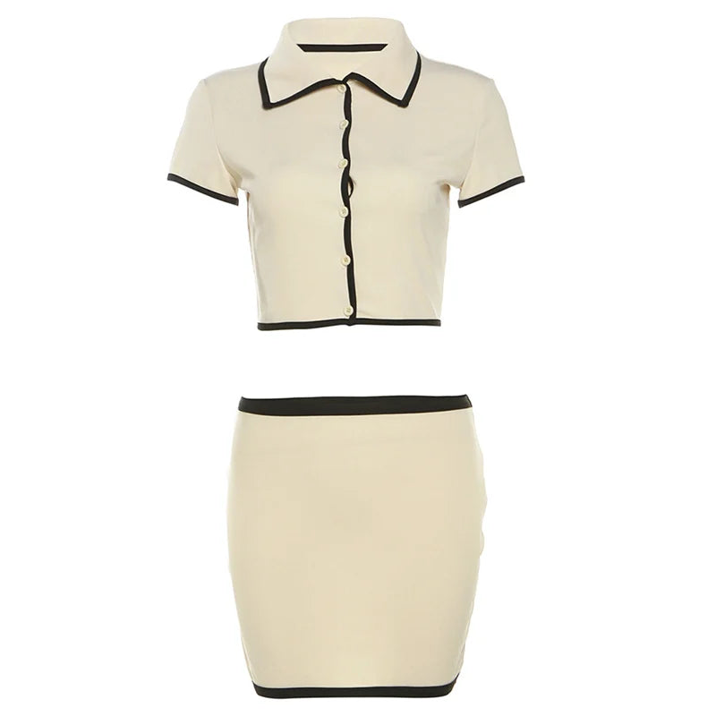 Conjunto 2 Peças de Mulheres com Gola Polo, Botões, Cropped e Mini Saias combinando, Roupas Elegantes e Estilosas para Rua
