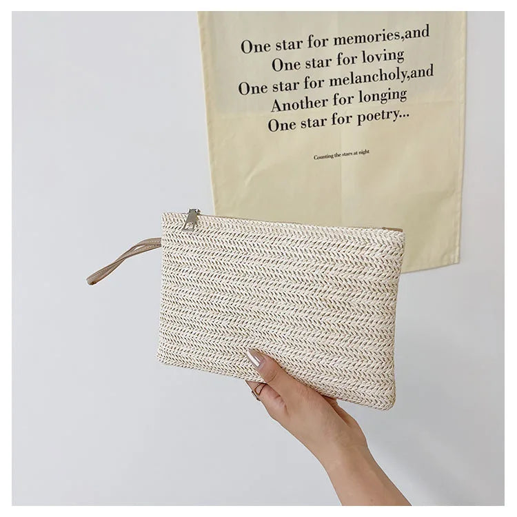 Weaving Bag Fashion Ladies Wristlet Clutch Women Daily Money Phone Clutch Solid Straw Woven Coin Purse Beach Wallet Card Holder
