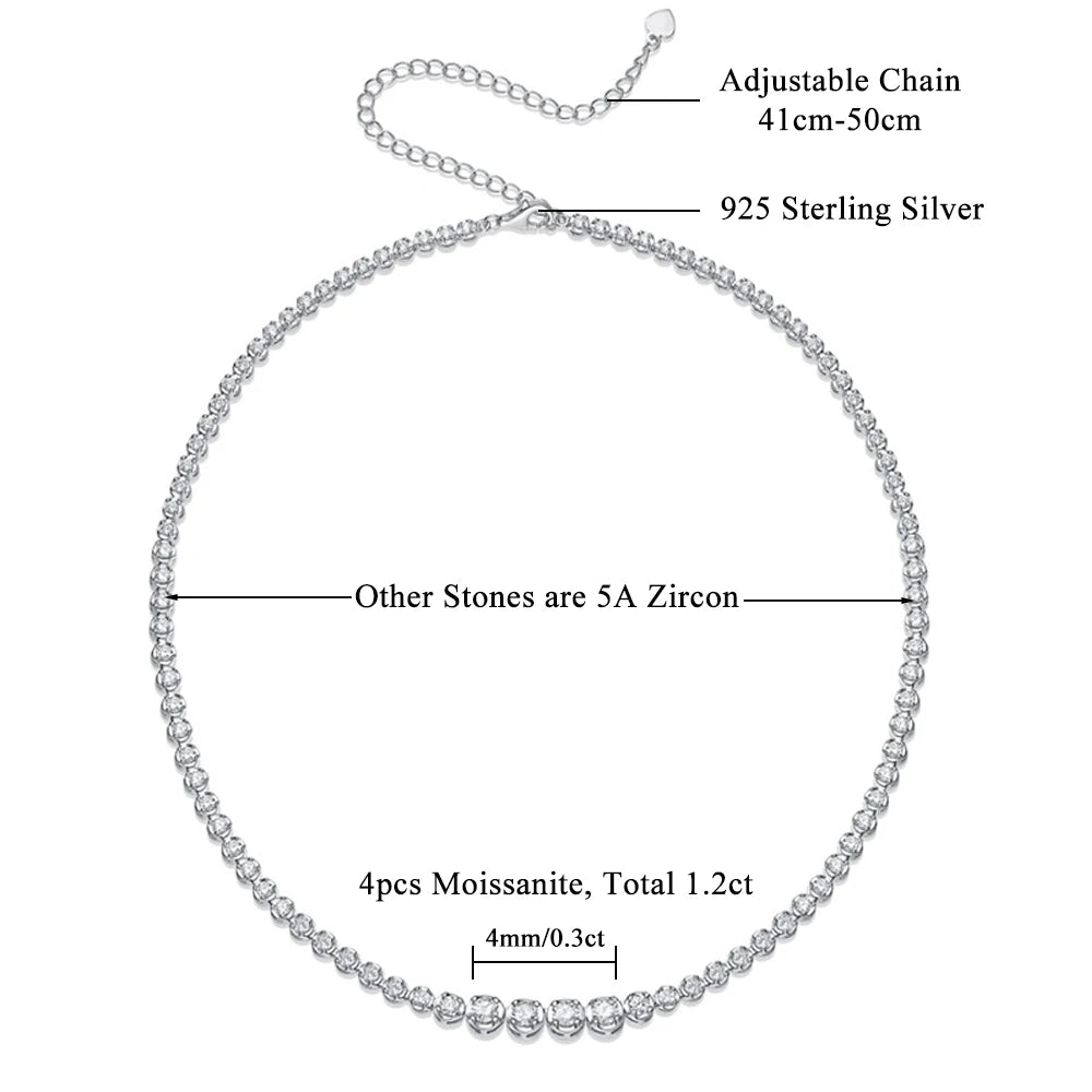 Colar de Tênis Moissanite 1.2ct para Mulheres com Certificado, Original 925 Prata Esterlina, Joia de Corrente Clavicular, Presente de Diamante
